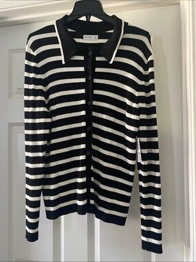 NWT Nine West Black & White Striped Cardigan Sweater